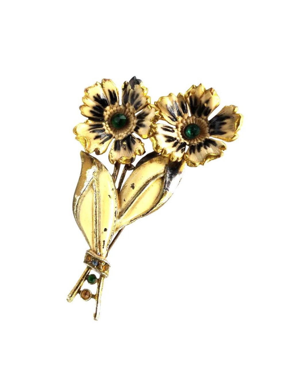 Vintage Peony Flower Brooch with Green Crystal Center, Black and Cream Enamel